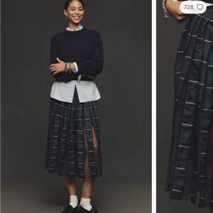 Maeve Anthrologie Navy and Green Plaid Midi Skirt sheer pleats Small